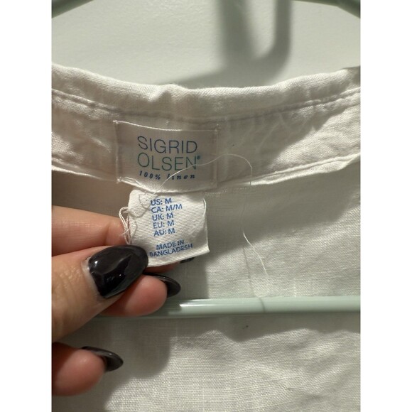 Women’s Cynthia Rowley White Linen Blouse Tunic Roll Tab Sleeve Medium Light - Picture 4 of 5